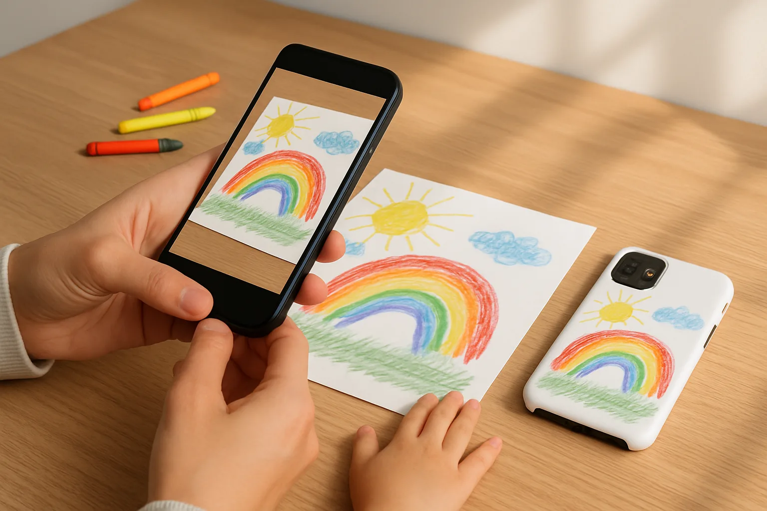 Parent photographing a child’s drawing next to a personalised phone case