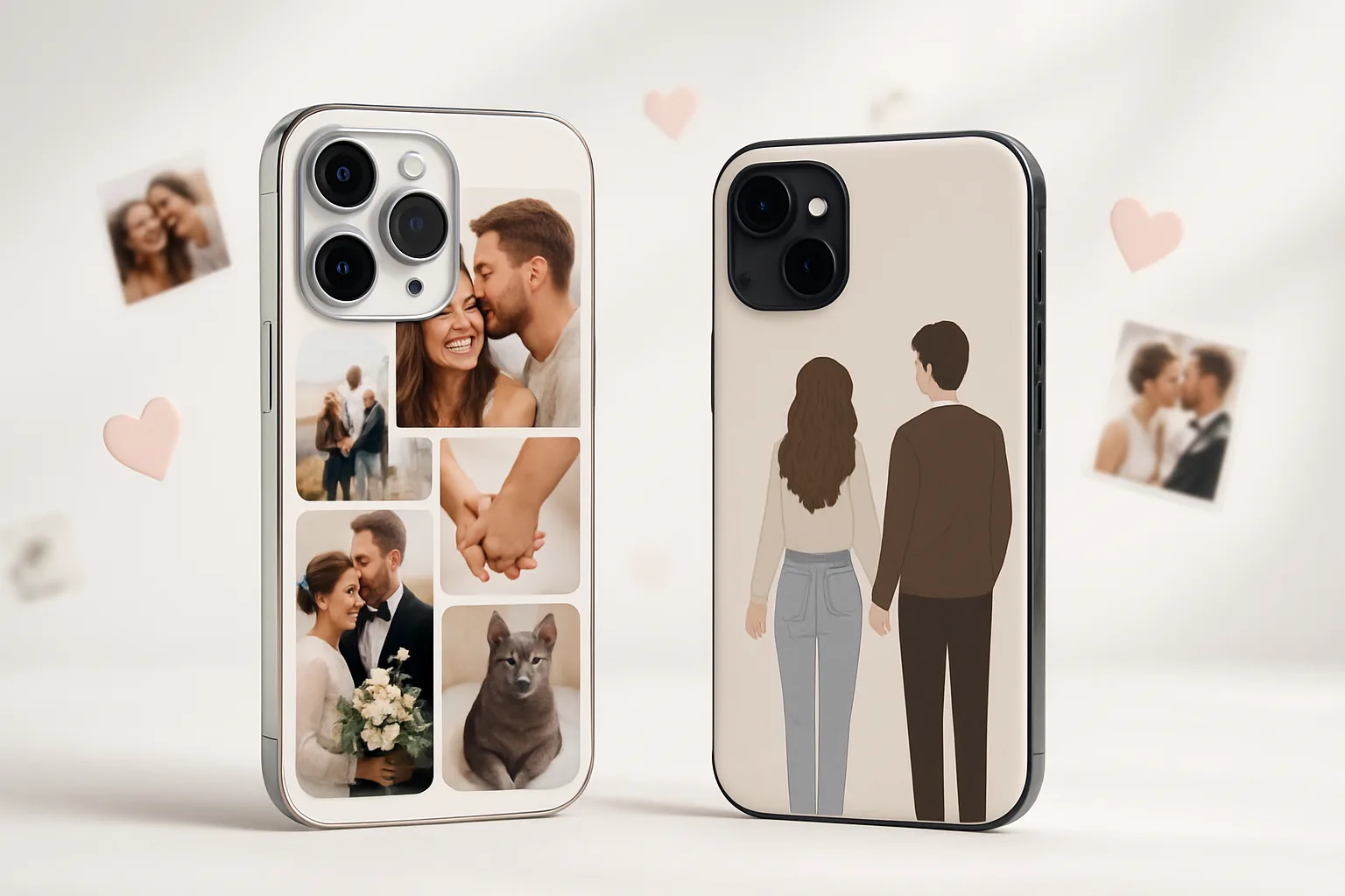 Two matching phone cases for a couple arranged side by side in soft daylight