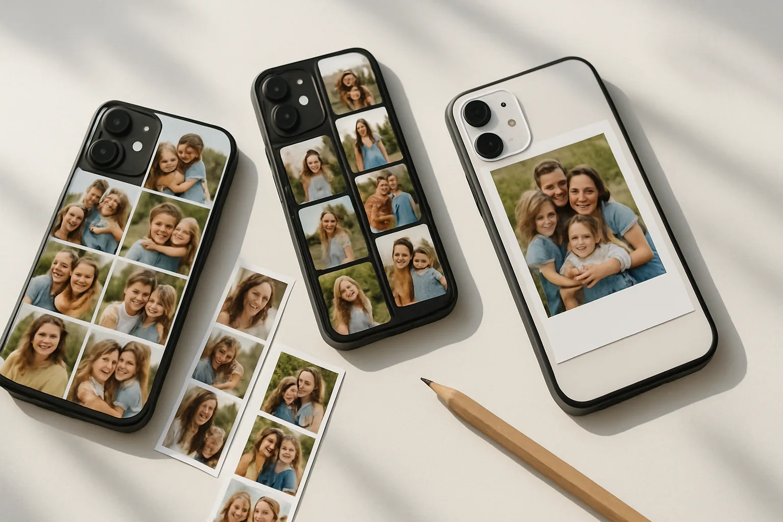 Smartphones with family photo collage phone cases arranged on a white table in natural light.