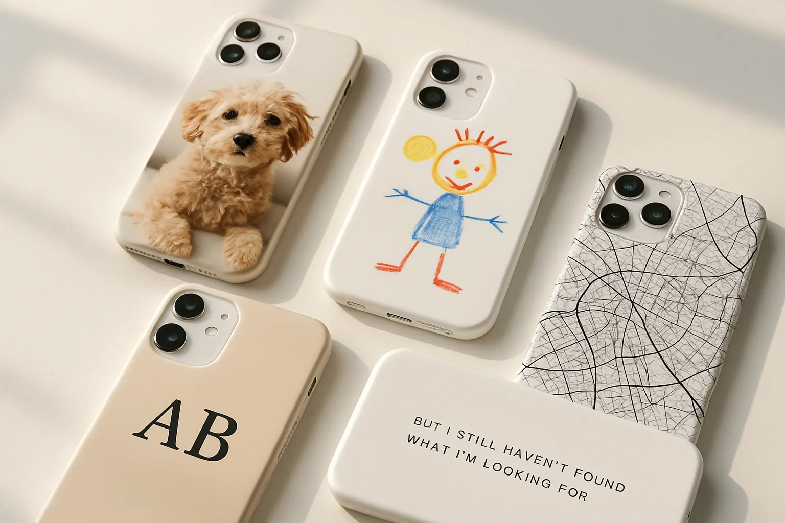 Assorted personalised phone cases with photos, monograms and map designs on modern smartphones