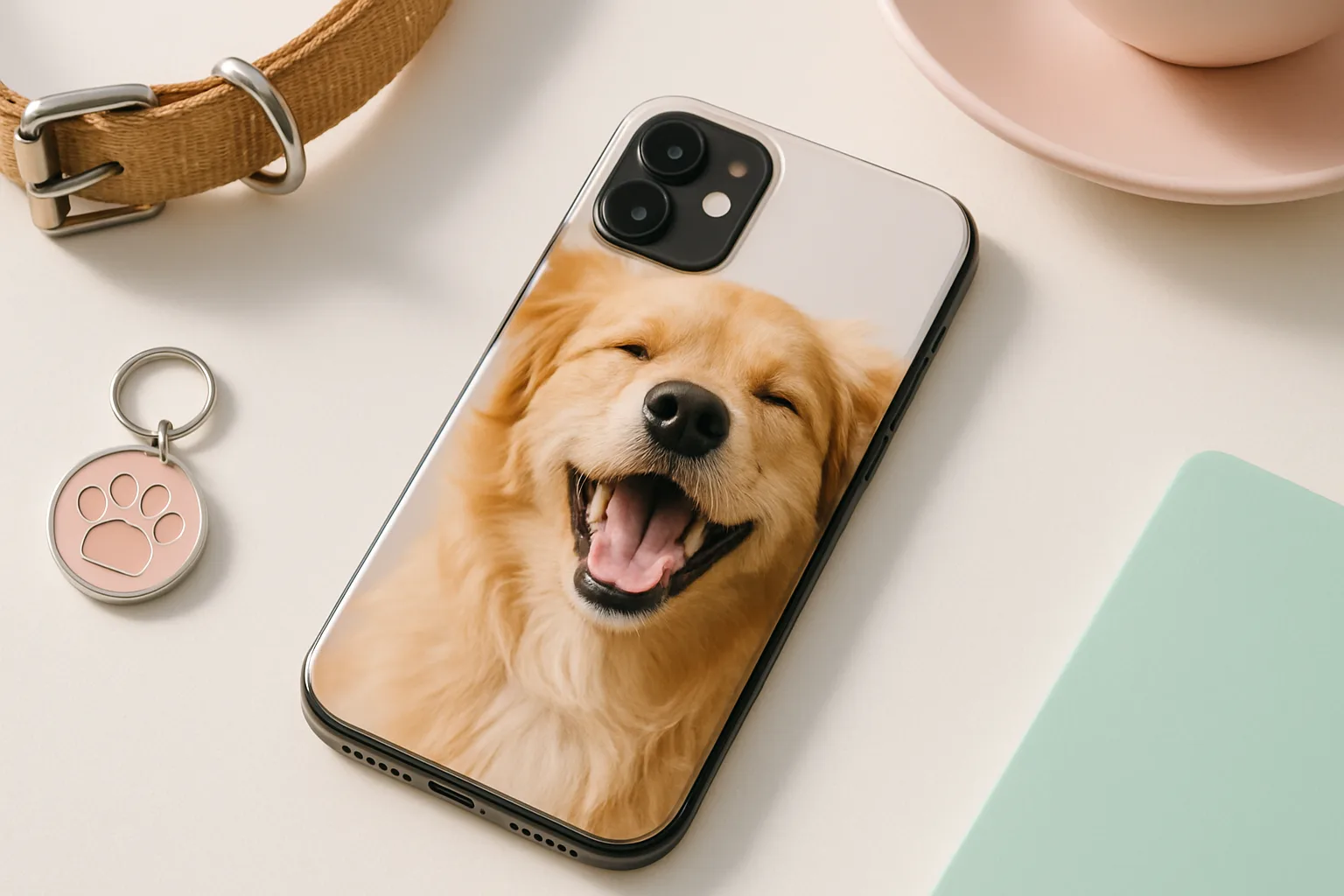 Custom phone case with a close-up dog photo on a clean white desk