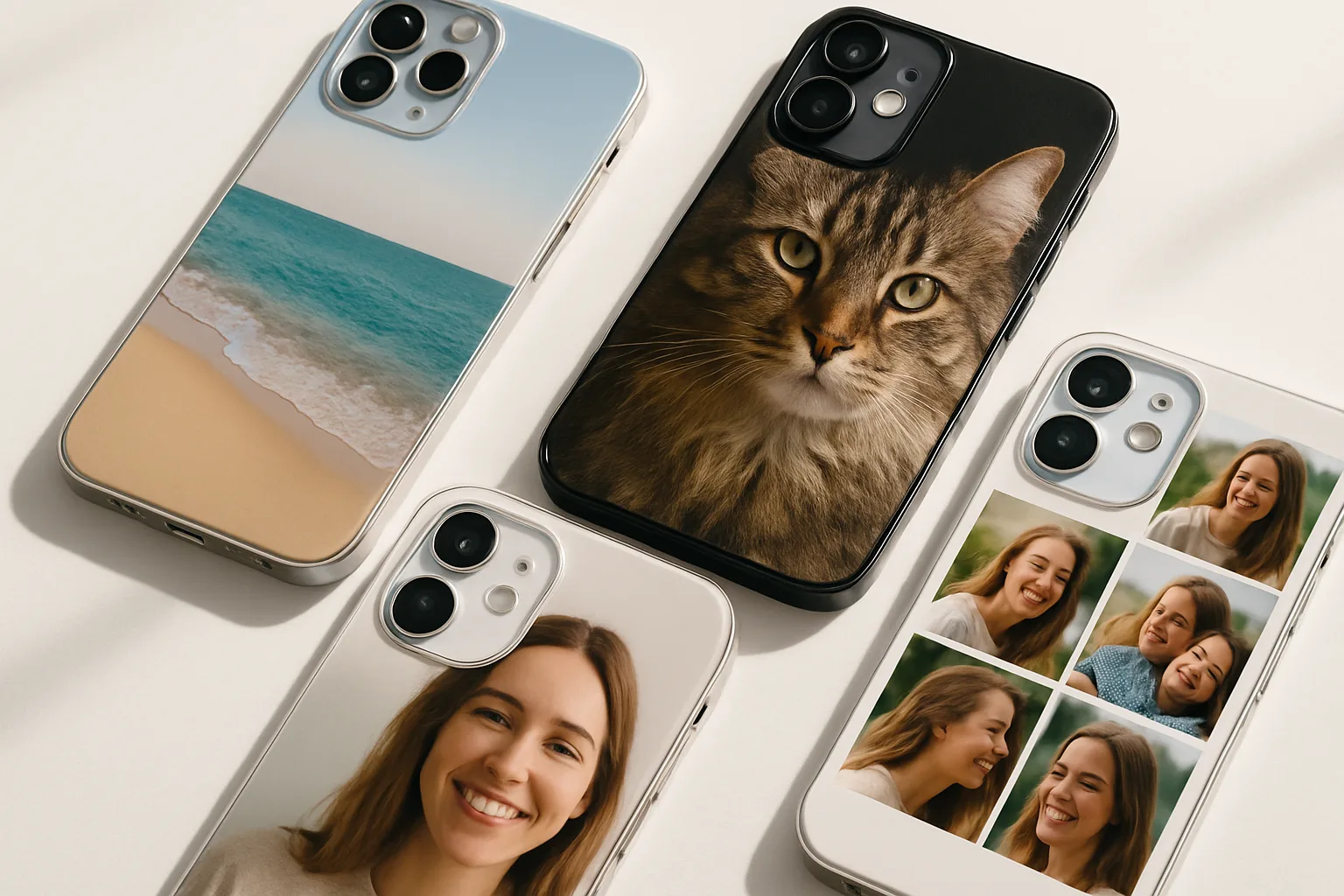 Modern smartphones with custom photo cases showing a portrait, pet, landscape and collage designs